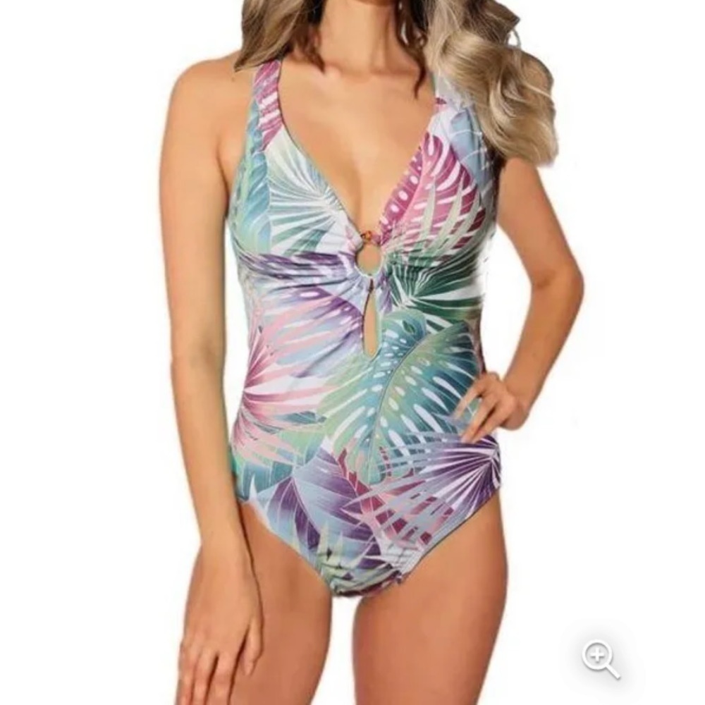 Bleu Rod Beattie Ring Me Up Floral One Piece Plunge Cross Back Swimsuit